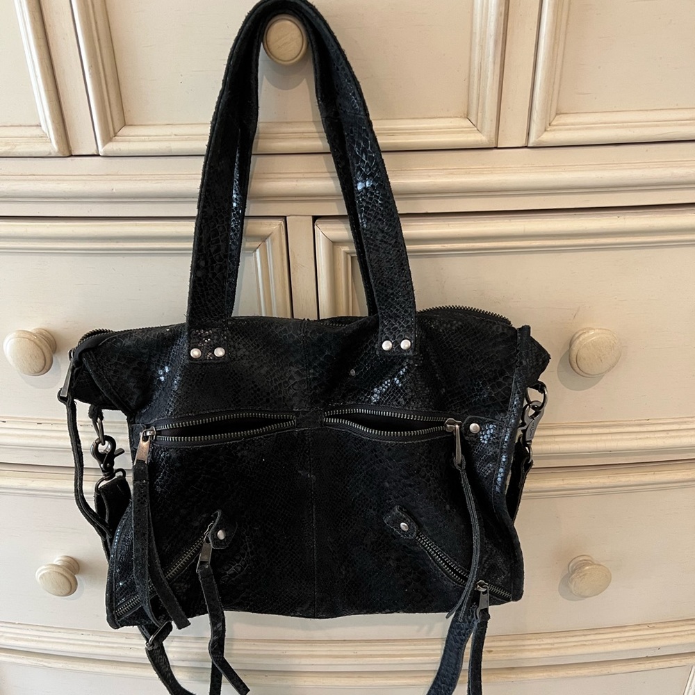 Day & Mood Crossbody Satchel Shoulder Bag Black Leather, croc embossed